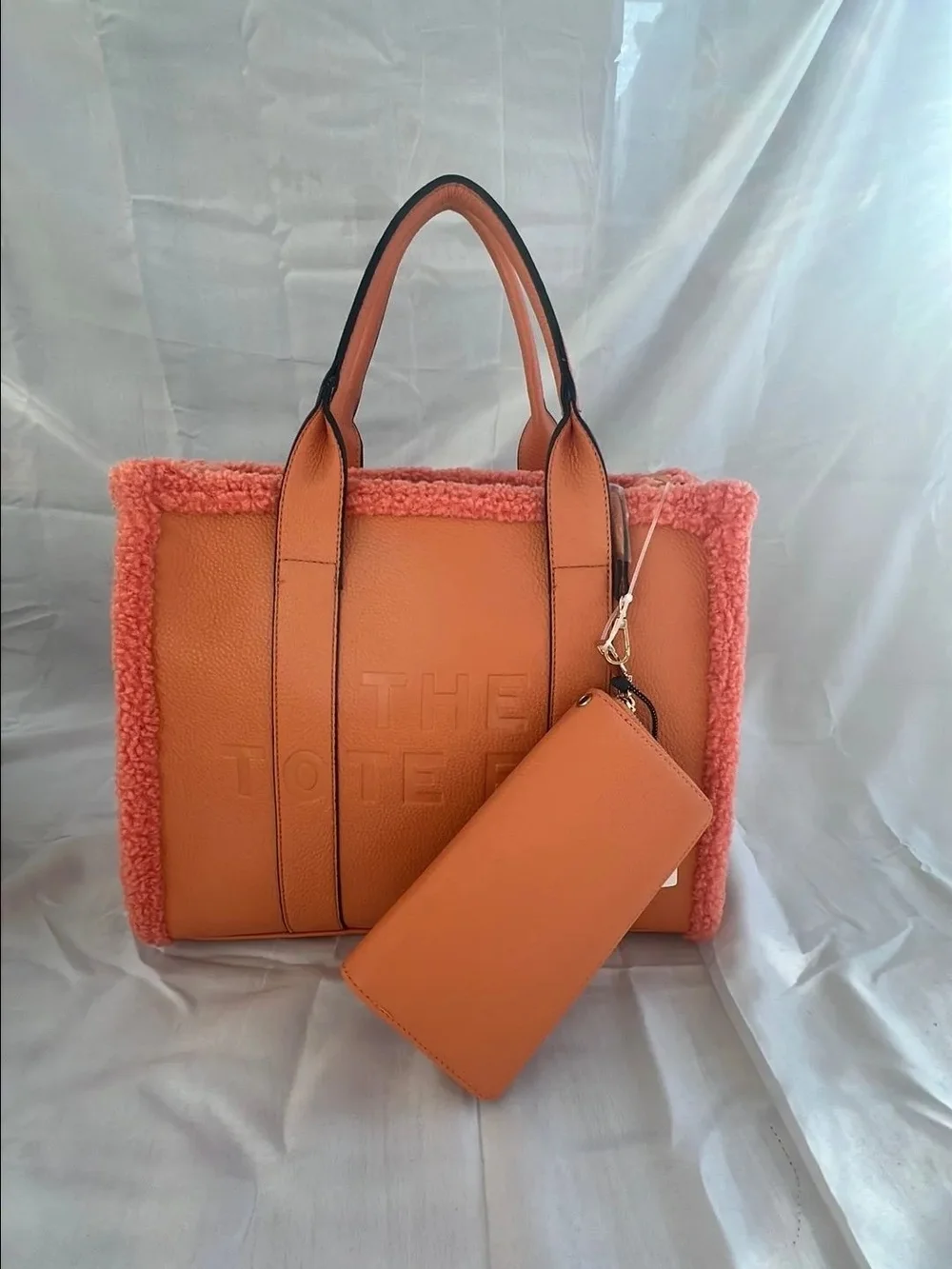 Orange Shearling Trim "The Tote Bag" with Detachable Wallet - Picture 3 of 11